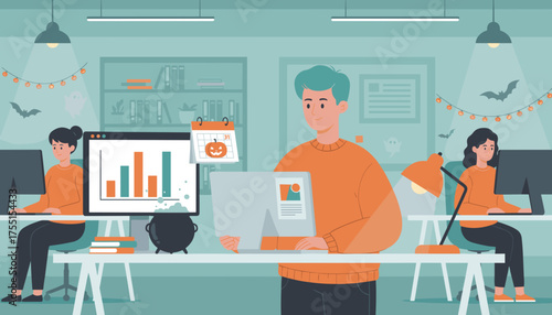 Office workers focused on tasks amidst festive Halloween decorations balancing work and holiday spirit