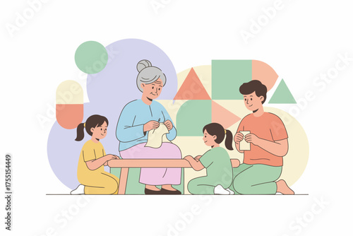 Intergenerational family enjoying hobbies Grandma knitting father and kids playing together