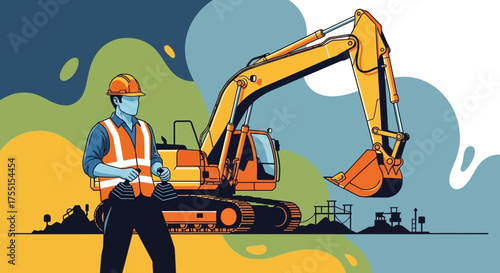 Construction worker operating excavator remotely Industrial development engineering and heavy machinery