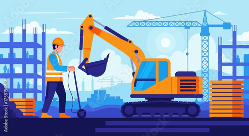 Worker operates machinery near excavator at urban construction site with buildings and crane