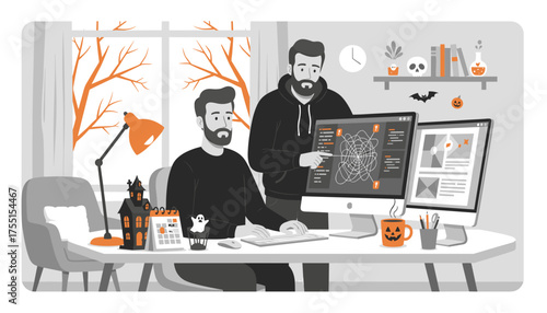 Two male developers collaborating on tech projects in a festive Halloween office setting