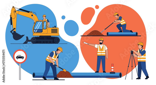 Construction workers installing pipes with heavy machinery and tools at a roadworks site