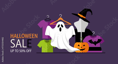 Halloween sale banner with costumes ghost jackolantern and witch hat for spooky season promotions