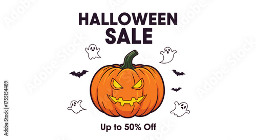 Halloween Sale promotion with a grinning jackolantern spooky ghosts and flying bats Great for holiday discounts