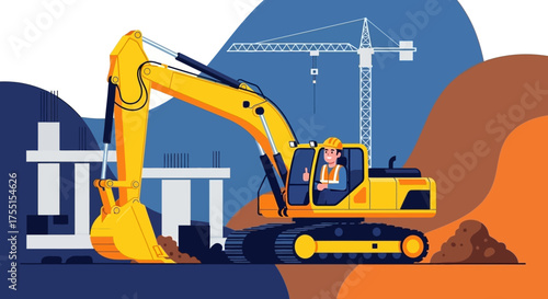 Happy construction worker in excavator at building site signifying progress and development