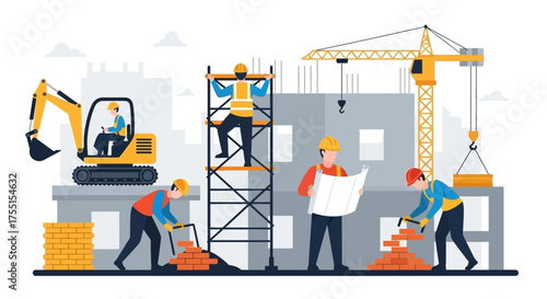 Busy construction site with workers excavator and crane building a structure Progress and teamwork