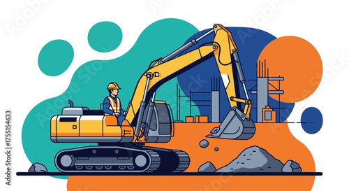 Construction worker operates a heavy excavator at a vibrant construction site symbolizing development and industry