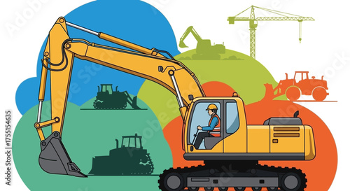 Construction worker operates excavator on site Heavy machinery and industry concept