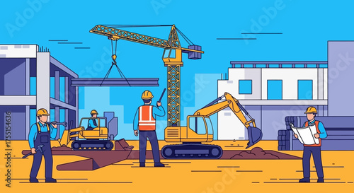 Building site with crane excavator and workers illustrating urban development and progress