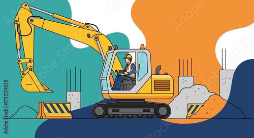 Construction worker operates excavator on building site Industry development engineering concept