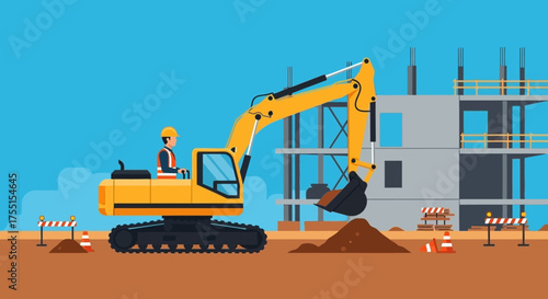 Excavator and worker at active construction site symbolizing building growth and industry