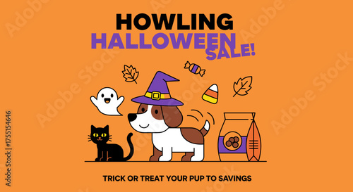 Howling Halloween Sale illustration with dog cat ghost and pet food for spooky savings and pet product promotions