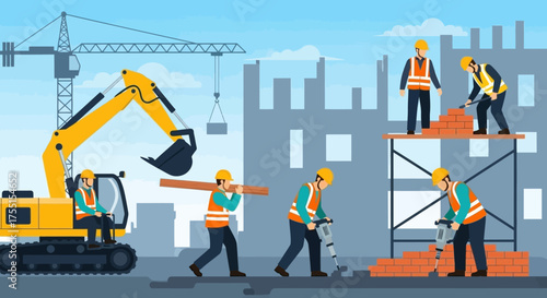 Construction workers building a city with machinery Industry teamwork and urban development concept
