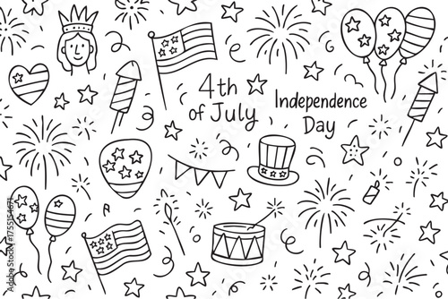 4th of july independence day celebration doodles with fireworks and patriotic symbols. Vector doodle illustration