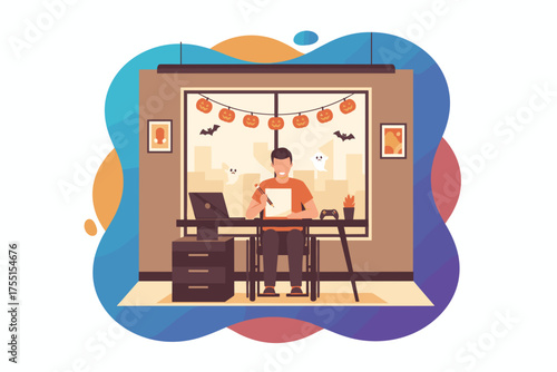 Happy man works remotely in a cozy home office decorated for Halloween Seasonal work from home
