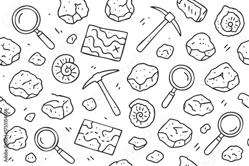 Archaeology exploration tools and fossils pattern with rocks and maps. Vector doodle illustration