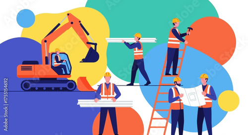 Construction workers with excavator ladder and blueprints symbolizing teamwork and industry progress