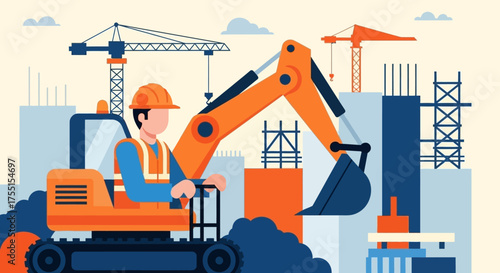 Construction worker operating an excavator at a busy building site with cranes and new structures Industry progress