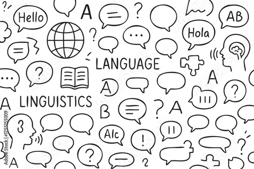 Doodle pattern: language and linguistics elements with speech bubbles and symbols. Vector doodle illustration