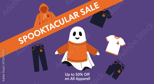 Spooktacular Halloween apparel sale featuring a cute ghost and festive clothing ideal for retail promotions