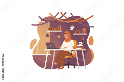 Woman in hijab working at desk in Halloweendecorated home office Remote work student autumn