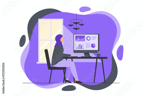 Focused woman in hijab working remotely on computer with data charts symbolizing productivity and business