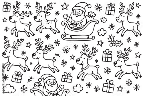 Festive christmas pattern with santa, sleigh, reindeer, gifts, and snowflakes. Vector doodle illustration