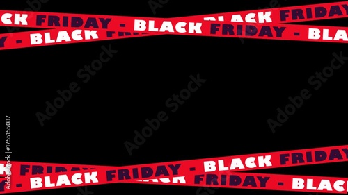 Black Friday sale promo video. 4K animation of red stripes with Black Friday text for advertising in social networks. Movement of ribbons with words Black Friday