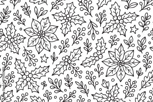 Festive floral and holly leaf pattern with berries for holiday design. Vector doodle illustration