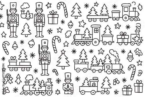 Festive nutcracker pattern with trains, trees, and christmas candies. Vector doodle illustration