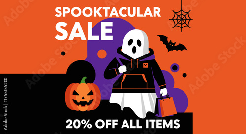 A Spooktacular Sale banner features a ghost shopping jackolantern bat and spider web promoting Halloween discounts