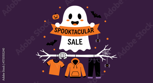 Cheerful ghost promotes a Spooktacular Sale for Halloween featuring autumn clothing and spooky elements on a purple background