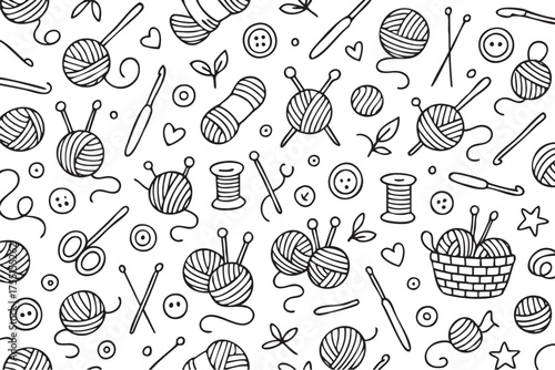 Hand-drawn knitting and crochet pattern with yarn balls and needles. Vector doodle illustration