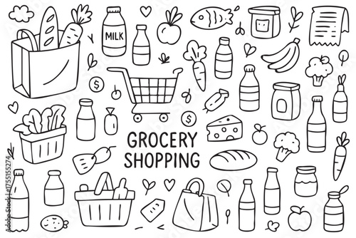 Hand-drawn grocery shopping doodles with food, drinks, and shopping cart. Vector doodle illustration