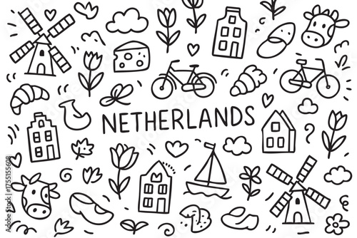 Netherlands doodle: windmills, tulips, bicycles, dutch houses, and more. Vector doodle illustration