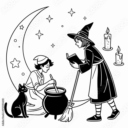 Character Collection Featuring Witch Stirring Cauldron Clipart Set.svg