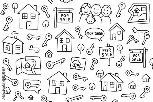 Real estate doodle pattern with family, houses, keys, and mortgage symbols. Vector doodle illustration
