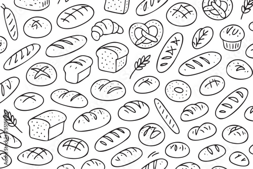 Seamless pattern of assorted bread and pastries: croissant, pretzel, baguette, loaf, roll. Vector doodle illustration