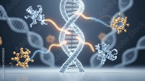 Abstract 3D Rendering of a Double Helix DNA Strand with Interconnected Molecular Structures in Blue and Orange Light on a Dark Gradient Background