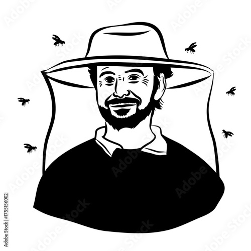 Apicultor hombre con sombrero y Abejas ilustración retro vintage estilo grabado para logo