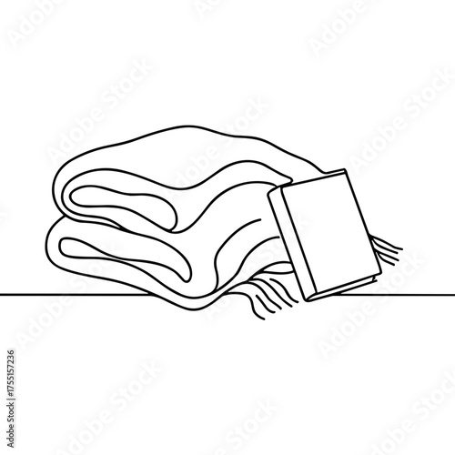 Blanket and book on a table in minimalist line art style for winter  