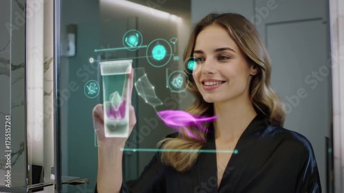 Woman interacting with holographic beauty display in bathroom