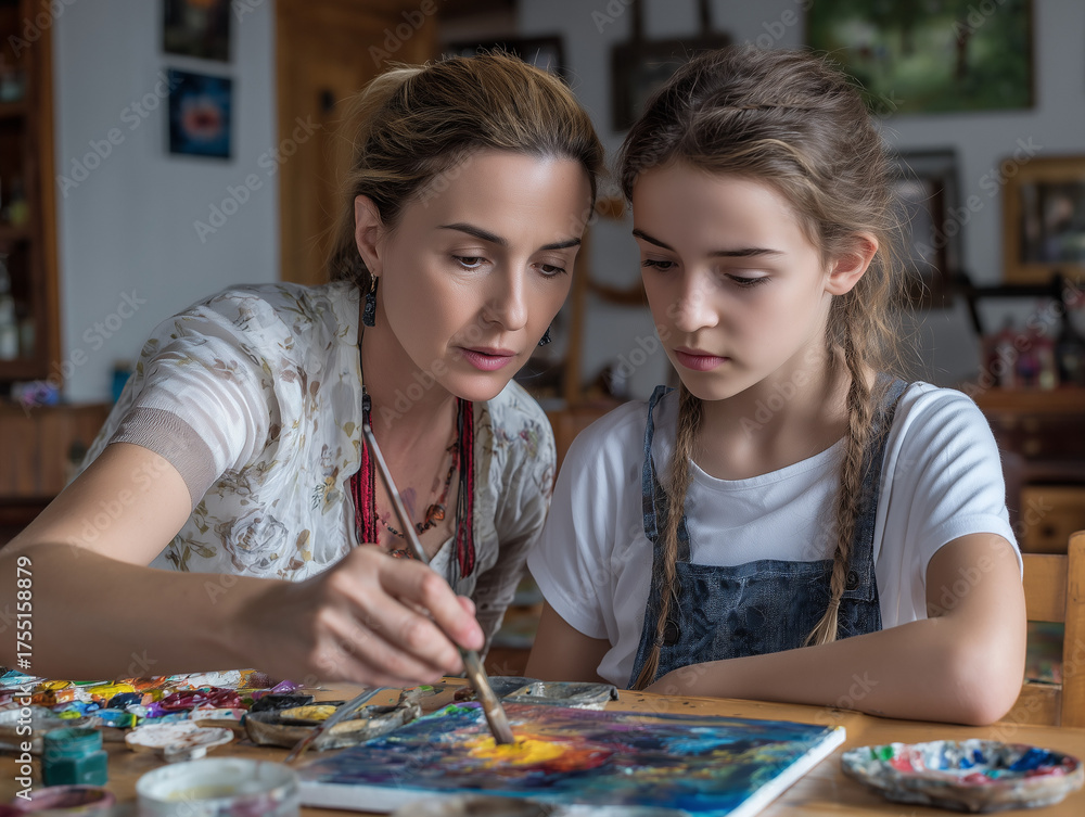 Fototapeta premium Mother and daughter painting together, learning art techniques