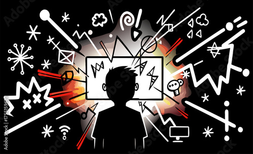 Young Boy Absorbed in Digital Overload of Information and Negative Symbols