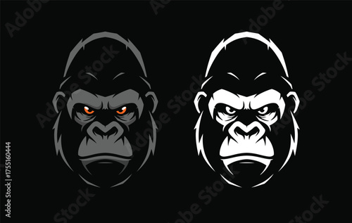 Two stylized gorilla head illustrations, one in grayscale, the other in white.