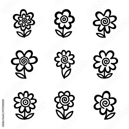 Abstract Wavy Flowers in Groovy Hippie Style – Retro Floral Vector Icons in Freehand Naive Art for Logo, Print, Pattern, Poster, and Web Design