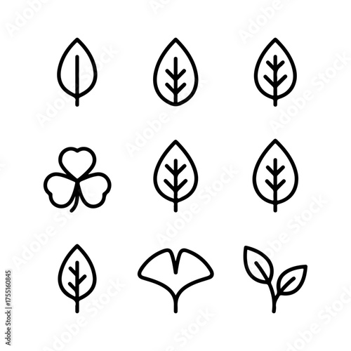 Leaf vector icons. Eco leaf logo. Simple linear leaves of trees and plants. Elements for eco friendly and bio logo,vegan. Black leaves collection. Ecology leaf element.