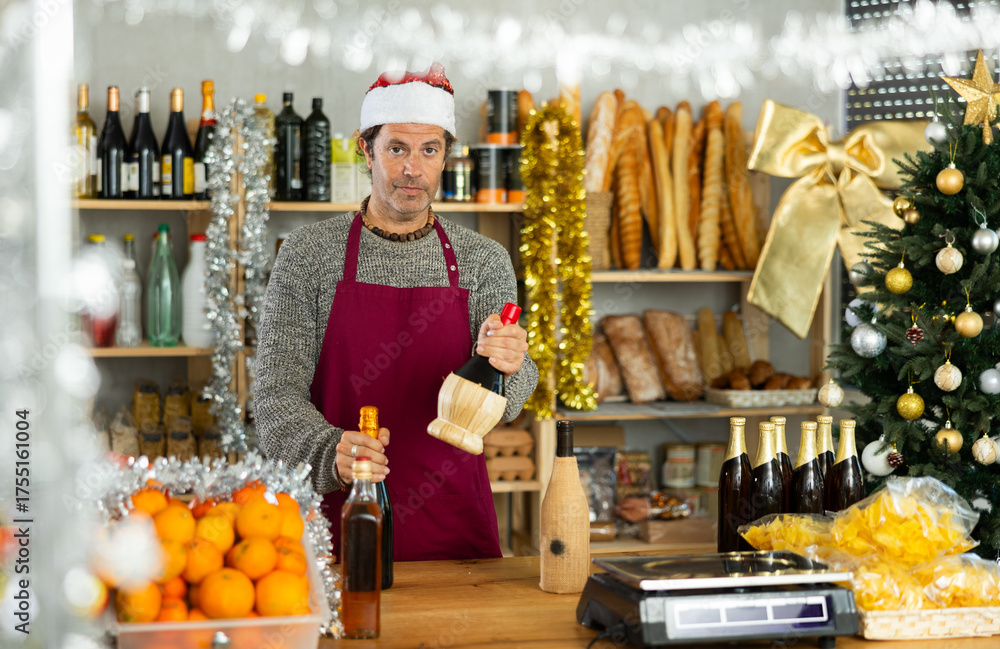 Obraz premium Friendly middle-aged grocery store owner in cozy sweater, maroon apron, and festive Santa hat presenting bottles of wine for Christmas festivities, surrounded by holiday decorations and fresh produce