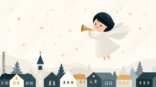 Cute cartoon angel with trumpet over charming village at night