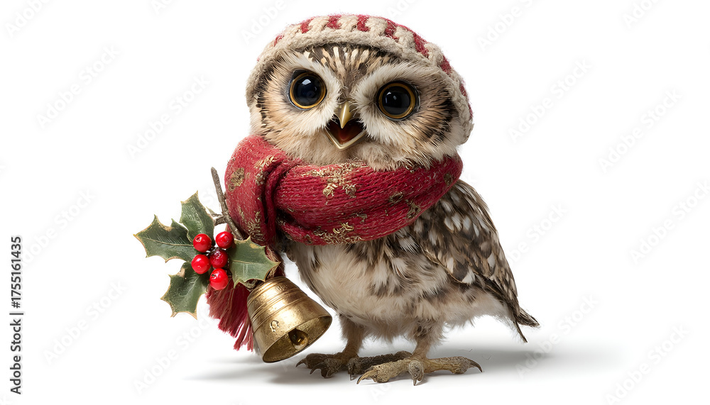 Naklejka premium holiday owl, round eyes, wearing red scarf, holding golden bell, holly berry accents, isolated center on solid white background, high detail, professional product photo style